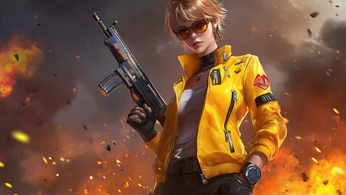 Confident cyberpunk heroine stands amid blazing battlefield