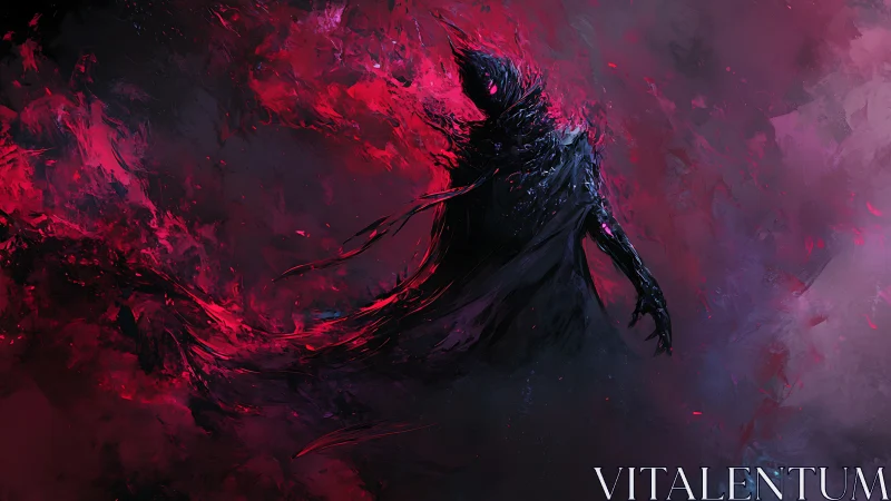 Shifting shadow spirit rises through swirling crimson storm