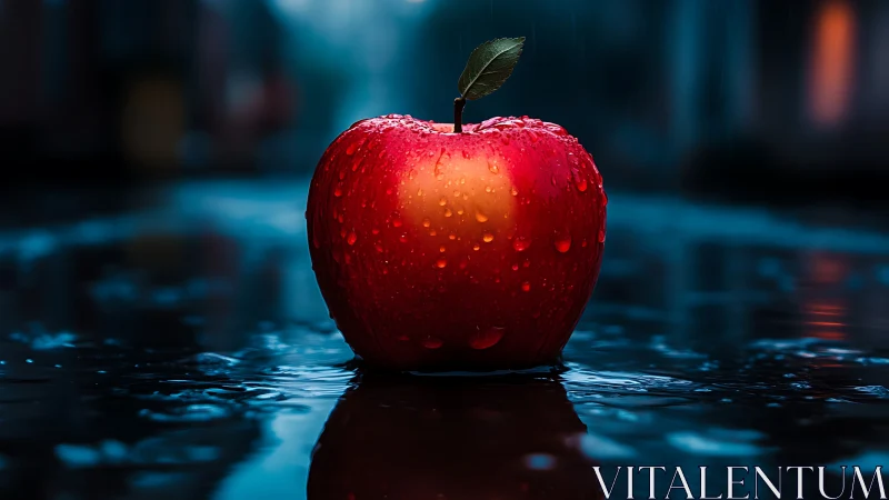 Red apple with water droplets on reflective wet surface.