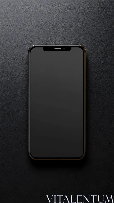 Modern smartphone displaying dark screen against textured gray background surface