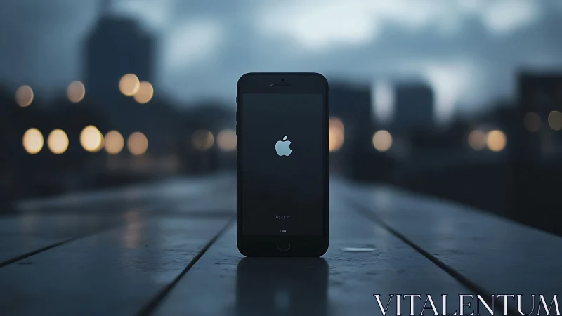 Black iPhone displaying illuminated Apple logo against urban bokeh.