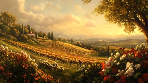 Sunlit hillside vineyard rendered with layered atmospheric depth