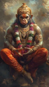 Divine simian deity in ornate gold armor and saffron robes.