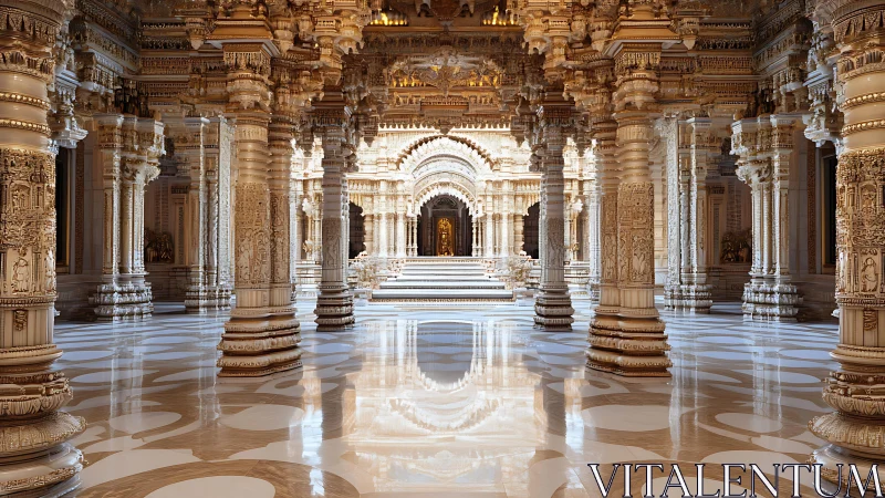 Intricately carved temple hall with reflective marble floor.