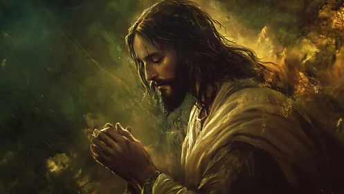 Solitary robed man in prayer within golden diffuse light