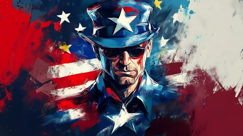 Star-spangled sentinel in bold abstract Americana storm.