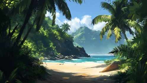 Computational tropical beach sanctuary framed by layered vegetation depth