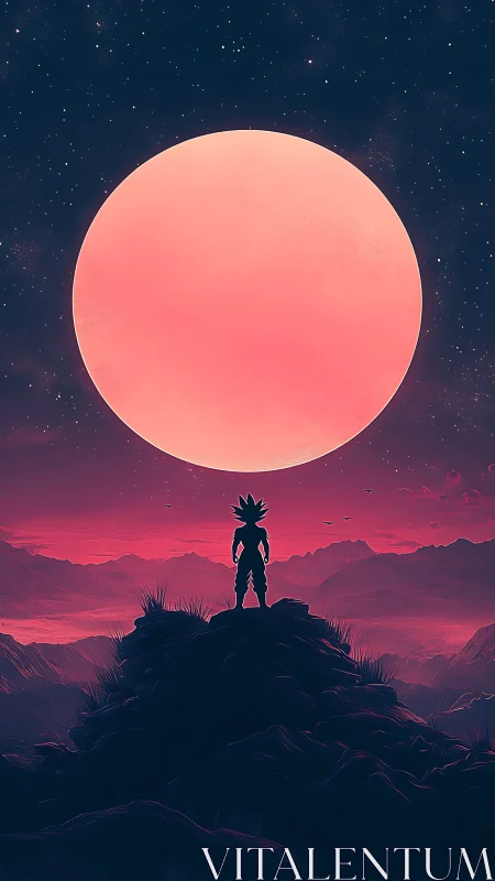 Silhouetted figure on ridge below oversized pink moon.
