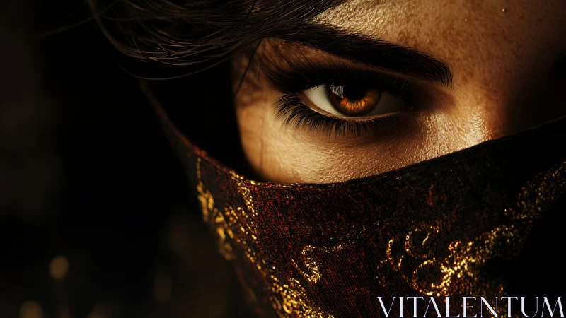 Enigmatic amber eye framed by dark silk and soft shadows.