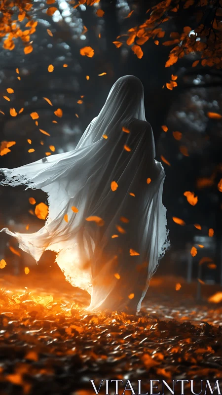 Veiled human figure in autumn forest with glowing leaves.