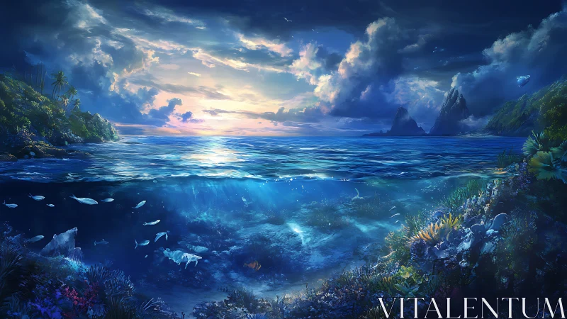 Coastal seascape with underwater reef and distant islands.