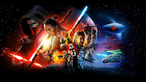 Dual-spectrum galactic battle montage with opposing sabers.