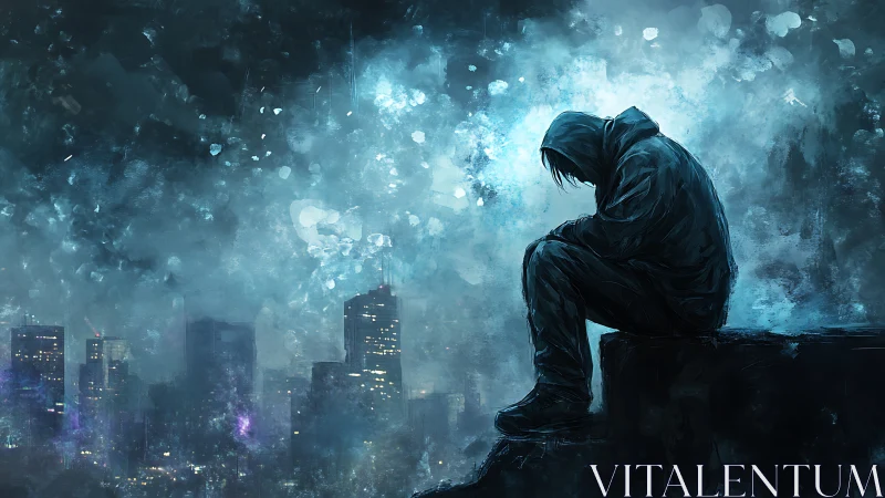 Solitary hooded figure overlooking neon city in stormy dusk