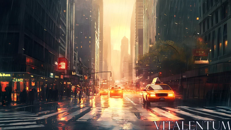 Rain-soaked urban avenue with taxis under volumetric backlight