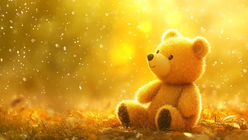 Golden teddy bear rests in dreamy autumn sunlight glow.