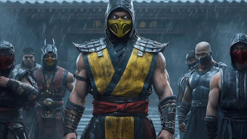 Masked warriors stand united in rainy courtyard scene.