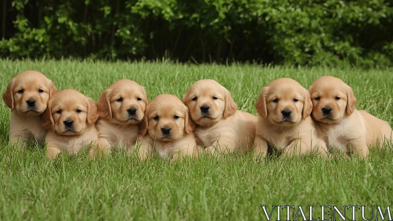 Row of seven golden retriever puppies on green lawn.