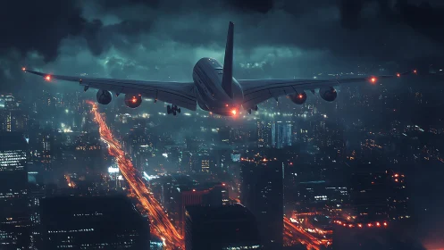 Passenger jet descends over neon-lit stormy night cityscape.