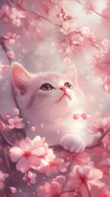 Feline Portrait Amid Pink Cherry Blossom Florals with Soft Light Diffusion.