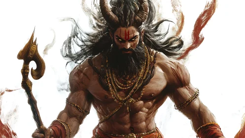 Mythic horned ascetic warrior with trident in dynamic stance.