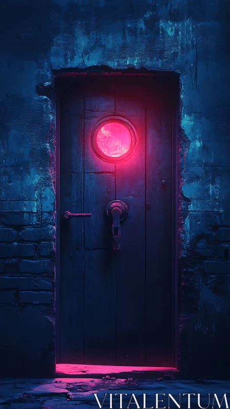 Closed wooden door emits circular neon magenta light