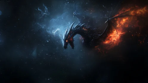 Stellar void dragon with molten wings in deep cosmic nebula