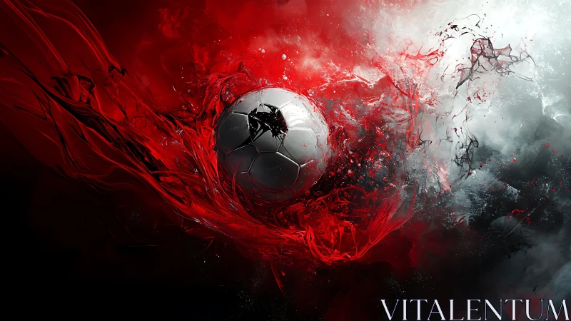 Exploding soccer ball amid red fluid energy and smoke vortex.