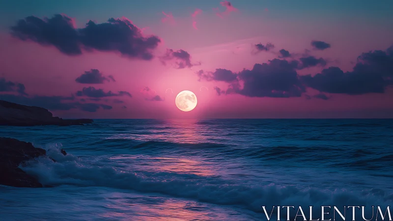 Full moon over ocean horizon under saturated violet sky