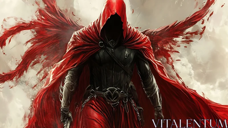 Hooded red reaper strides forward with torn winged cloak.