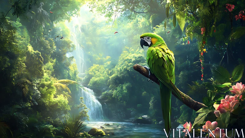 Vibrant green parrot rests above a misty jungle waterfall