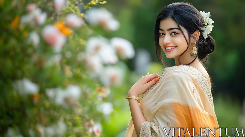 Smiling woman in embroidered saree with shallow depth of field bokeh