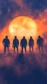 Silhouetted tactical squad aligned against oversized hazy sun disk