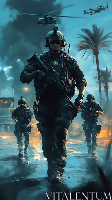 Digital painting of tactical squad in cinematic night incursion.