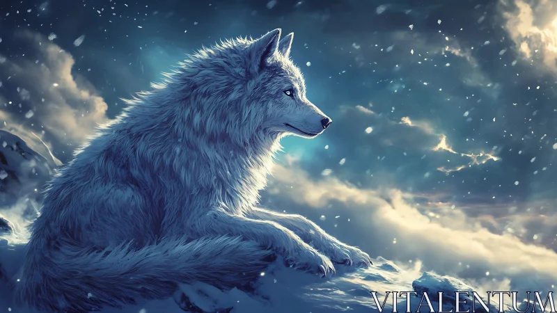Luminous white wolf on snowy ridge under twilight sky