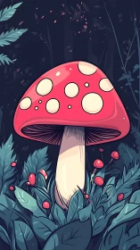 Red spotted mushroom stands tall among dense blue leaves.