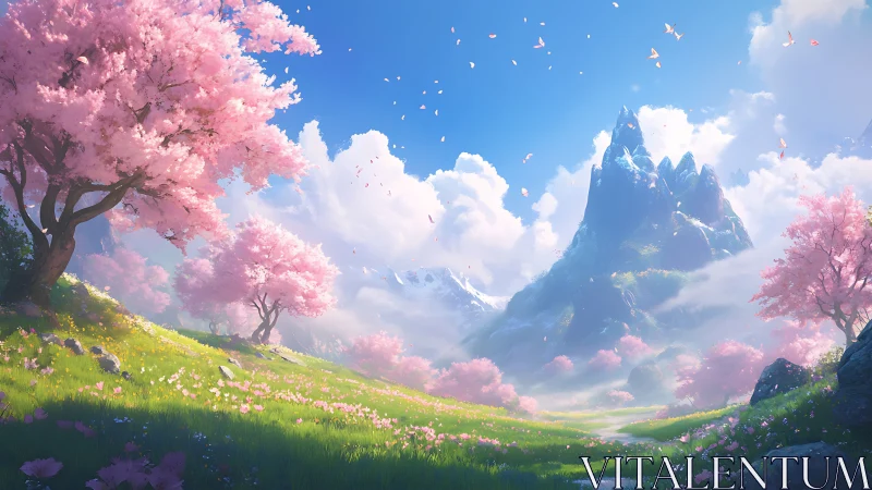 Spring mountains glow under soft cherry blossom skies