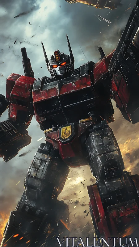 Battle-worn mecha titan advances through debris-filled storm sky