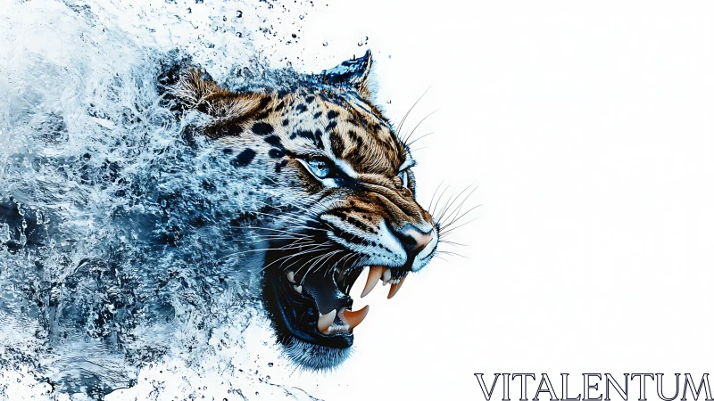 Snarling leopard head dissolves into dynamic aqueous motion