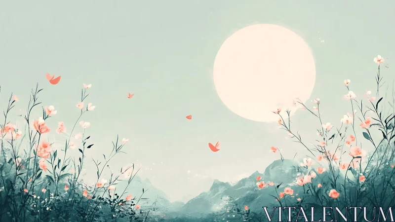 Pastel wildflower meadow under oversized pale moon glow.