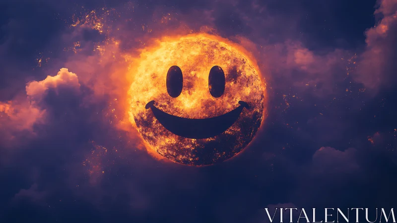 Smiling fiery sun face glows within dense storm clouds