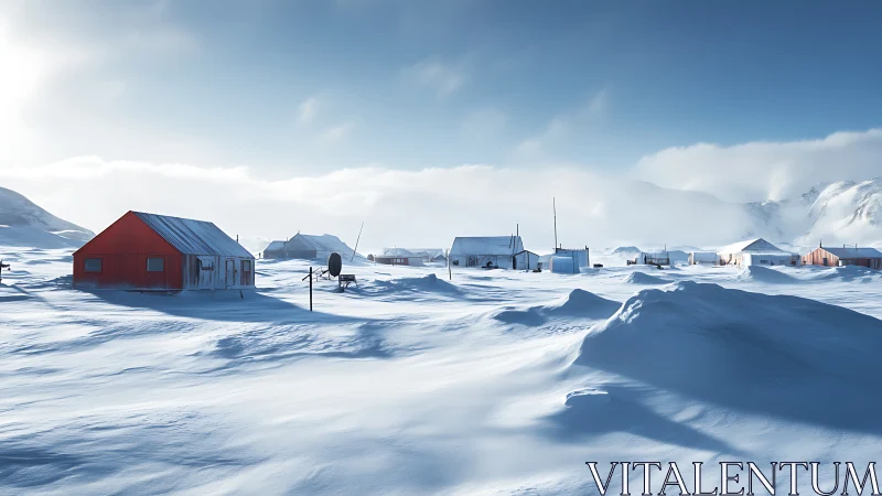 Scarlet cabin holding quiet watch over wind-carved snowfields.