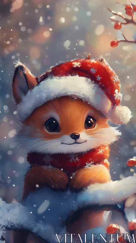Snowy fox in a Santa hat sharing cozy winter cheer.