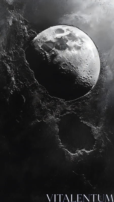 Craters on a luminous moon float in stark cosmic shadow