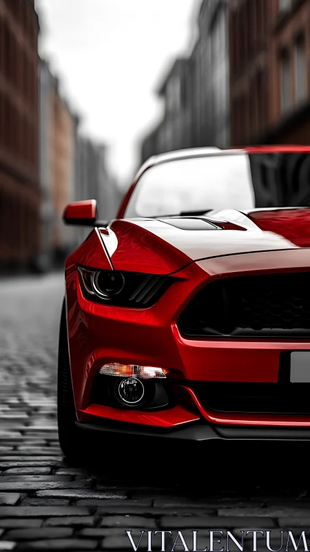 Red sports car prowls a moody cobblestone city street