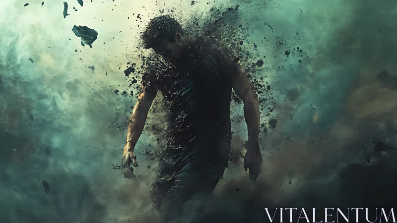 Shattered figure emerging through storm of dust and debris.