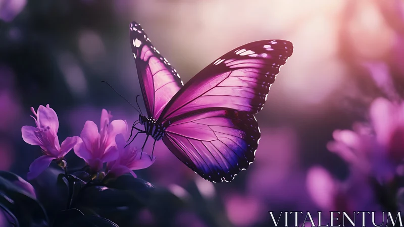 Purple butterfly rests on pink flowers in soft backlight