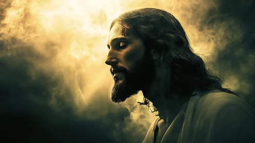 Portrait of a serene, wounded man bathed in sacred light