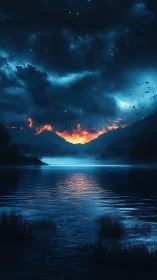 Dramatic Sunset Over Quiet Waters and Starlit Sky.