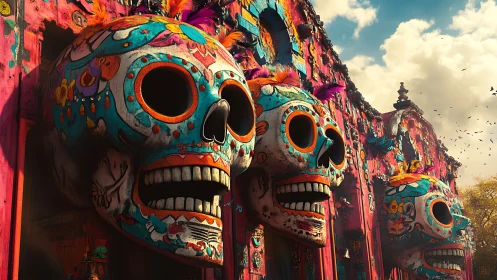 Colorful skull facade with Día de Muertos motifs, daylight.