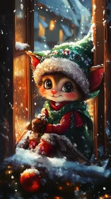 Winter window scene with small fantasy creature in costume.